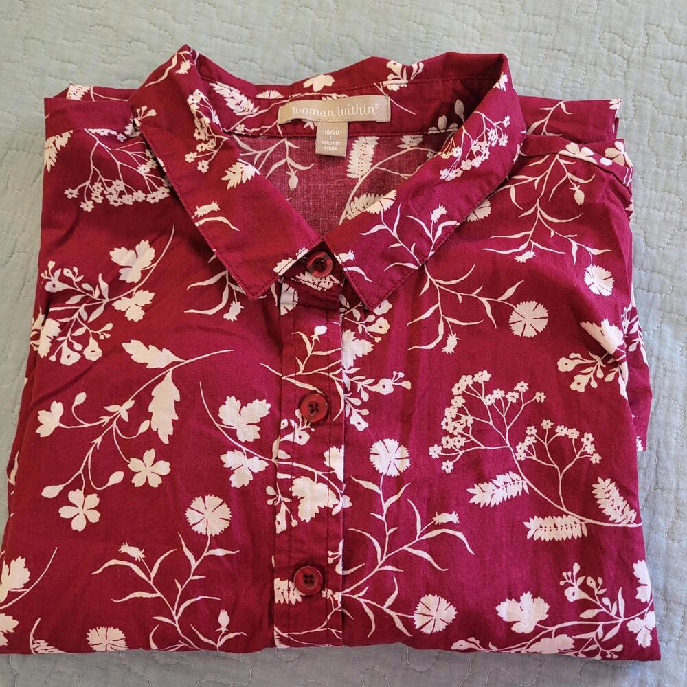 Woman Within floral long-sleeved shirt burgundy with white flower print women LG